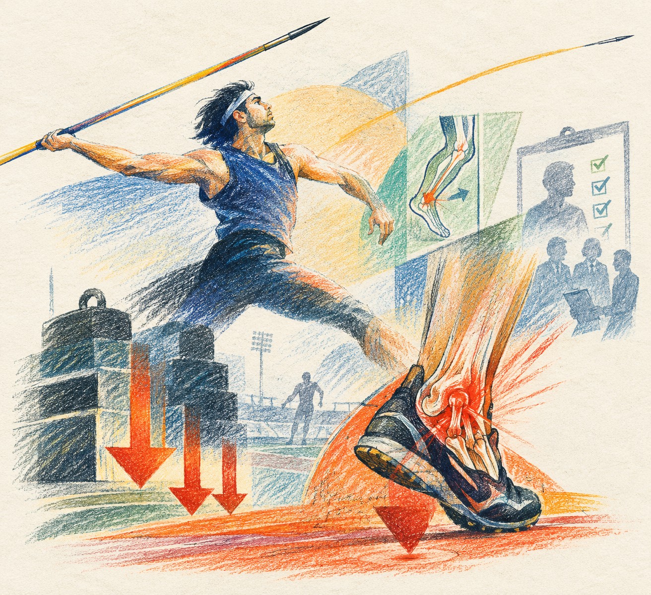 Neeraj Chopra executing the plant foot block on a synthetic javelin runway